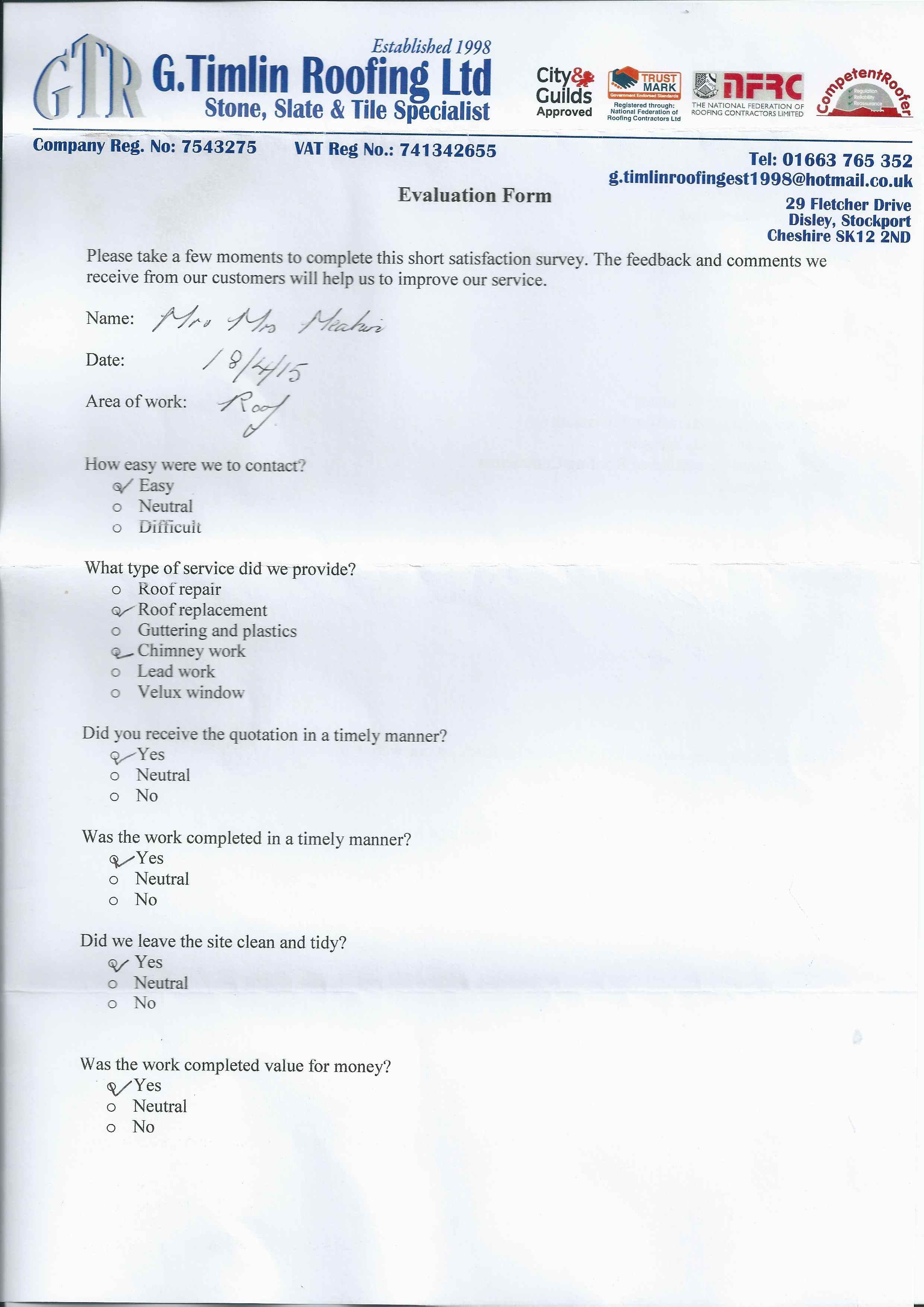testimonial, Re-Roofing, Lead Work, Chimney Stacks, Plastics, Repairs and Maintenance, Stockport, Cheshire, High Peak, G Timlin Roofing